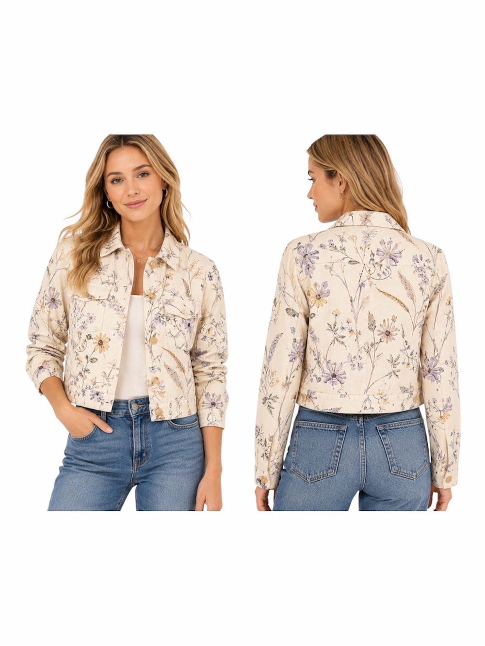 Jules & Leopold Floral Cropped Utility Jacket Womens Small Cream Botanical Print